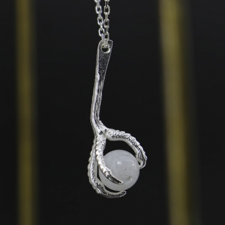 Antique Silver Crow Claw Necklace with Moonstone