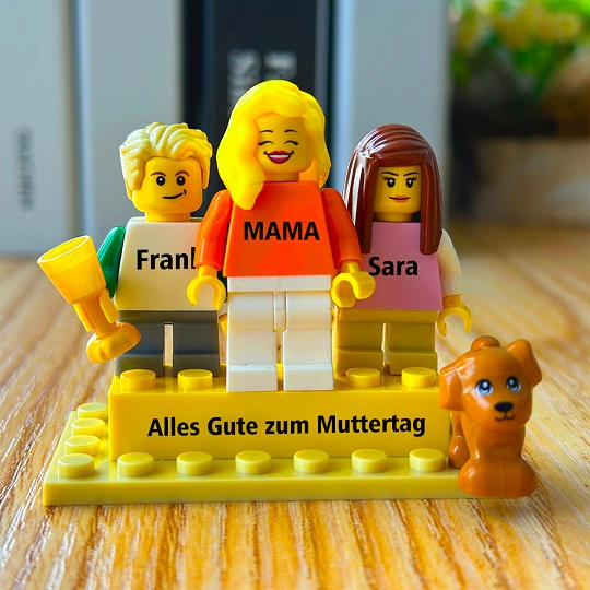 Individuelle Minifiguren mit Baustein für Familie mit Haustier – Muttertagsgeschenk