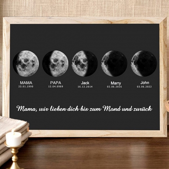 Personalisierter Mondphasen-Holzrahmen Für Die Familie, Personalisiertes Muttertagsgeschenk