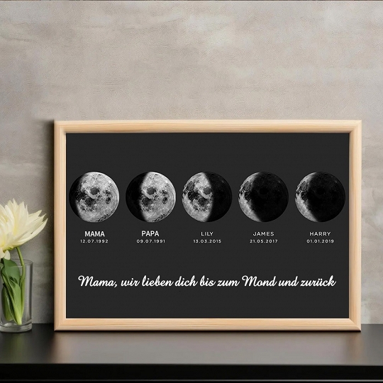 Personalisierter Mondphasen-Holzrahmen Für Die Familie, Personalisiertes Muttertagsgeschenk