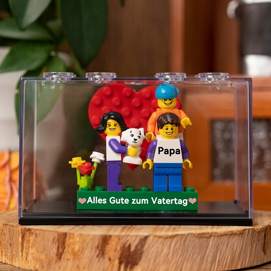 Papa als Minifigur mit Familie – Geschenk mit Steinplatte und Box zum Vatertag