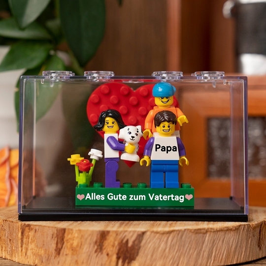 Personalisierte Familien-Minifiguren mit Steinbasis in Geschenkbox – Vatertagsgeschenk mit Herz