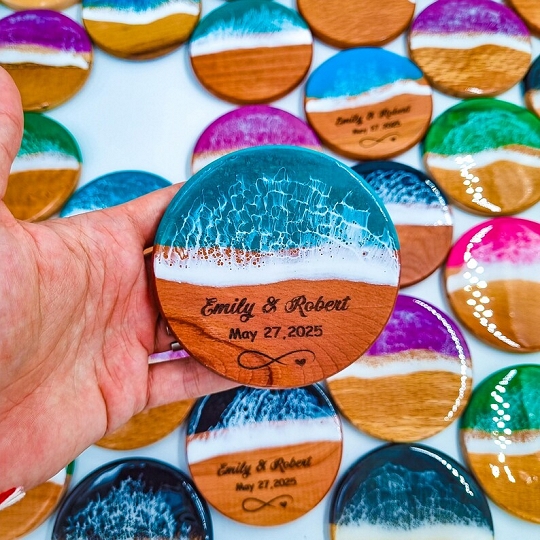 Unique Wedding Gift Idea: Custom Ocean Design Resin Coasters with Natural Seashells and Engraved Text