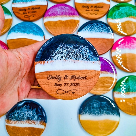 Unique Wedding Gift Idea: Custom Ocean Design Resin Coasters with Natural Seashells and Engraved Text