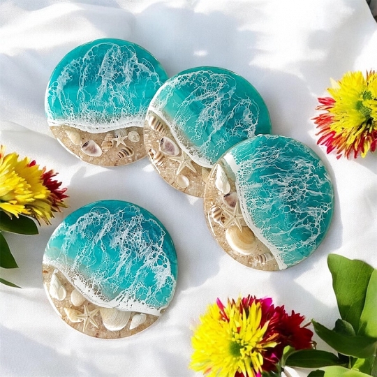 Handcrafted Personalized Ocean Resin Coasters – Unique Home Accessory with Seashell Details