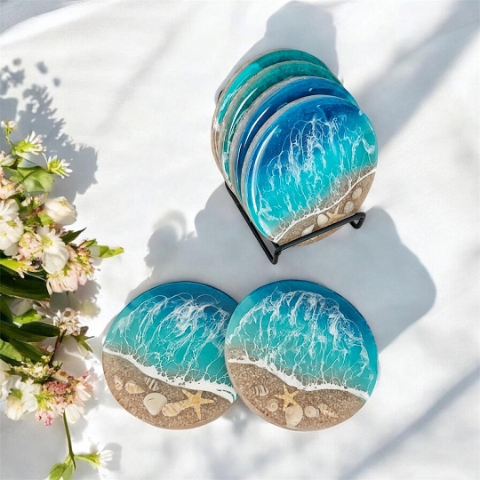 Handcrafted Personalized Ocean Resin Coasters – Unique Home Accessory with Seashell Details