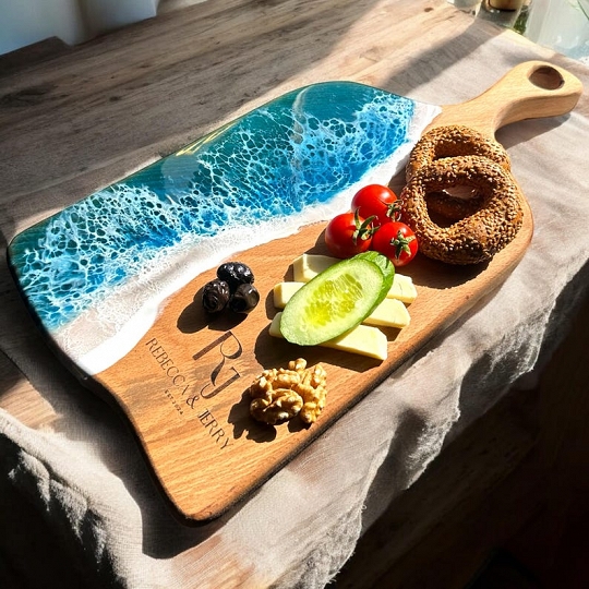 Unique Charcuterie Board – Personalized Resin Ocean Design with Natural Shells, Great Wedding Gift Option