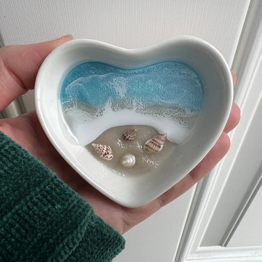 Light Blue Heart Ring Dish – Handmade Coastal Jewelry Holder & Ocean Trinket Tray