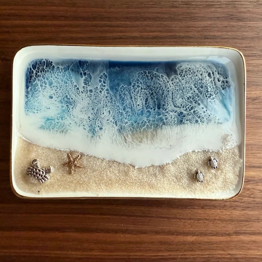Crab & Turtle Ring Dish – Rectangle Coastal Jewelry Holder for Beach Decor