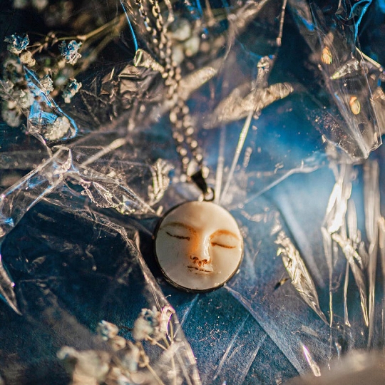 Moon Face Necklace – Whimsigoth Celestial Pendant, Goth & Witch Jewelry