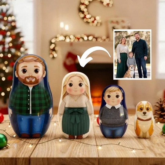 Custom Family Photo Matryoshka Dolls – Personalized Cartoon Nesting Set