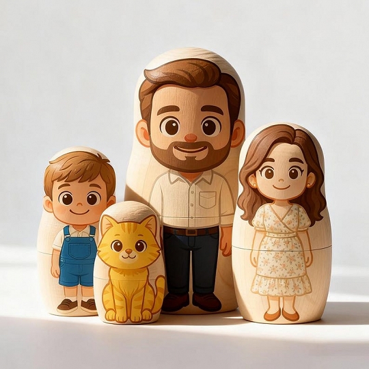 Cartoon Portrait Nesting Doll Set – Custom Handmade Family Figures