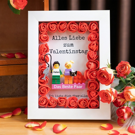 Custom Paar Minifiguren mit Holzrahmen – Kreative Geschenkidee für Verliebte