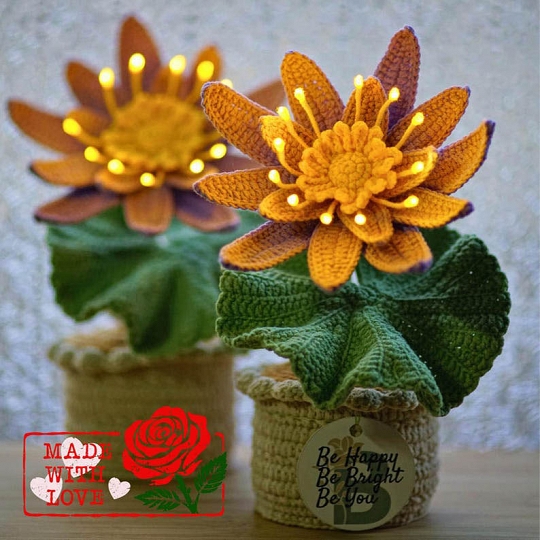 Crochet Water Lily Handmade Flower in Pot Water Lily Lamp Birth Gift for Her