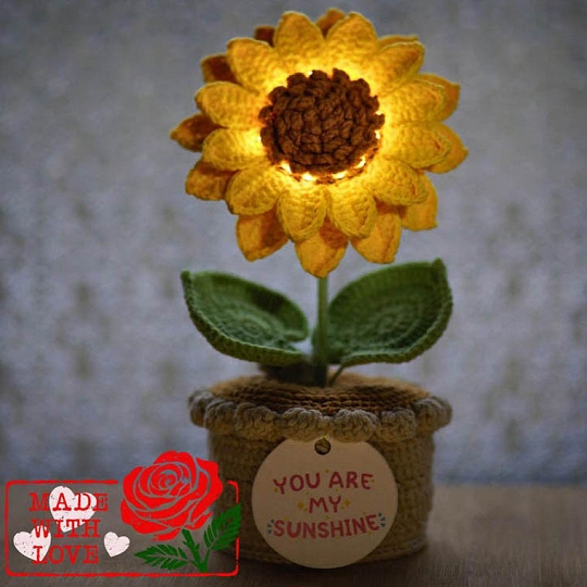 Crochet Sunflower Personalized Handmade Sunflower Light in Pot Birth Gift for Her