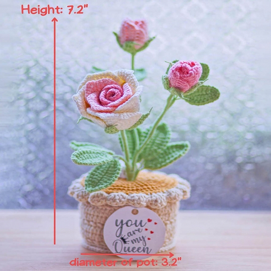 Crochet Rose Light Personalized Handmade Flower in Pot Gift for Her