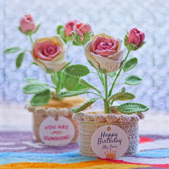 Crochet Rose Light Personalized Handmade Flower in Pot Gift for Her