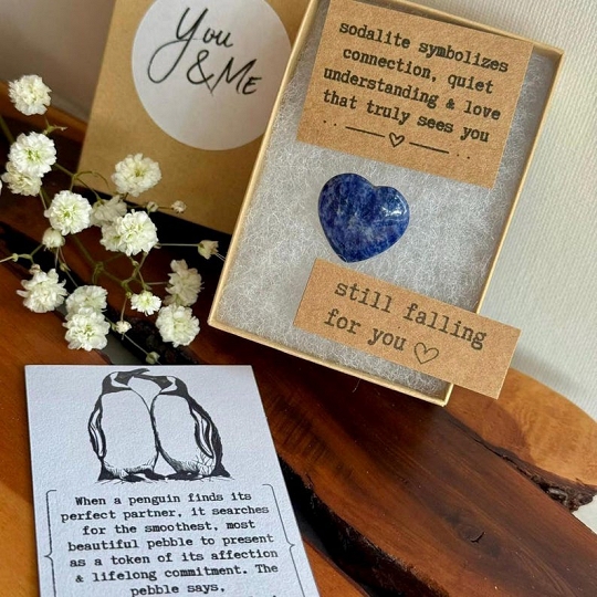 Personalized Heart Sodalite Penguin Pebble Valentine Gift for Couples
