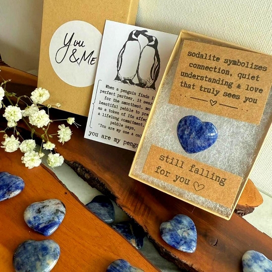 Personalized Heart Sodalite Penguin Pebble Valentine Gift for Couples