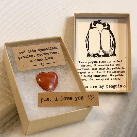 Engraved Red Jade Penguin Pebble Love Stone Valentine Keepsake