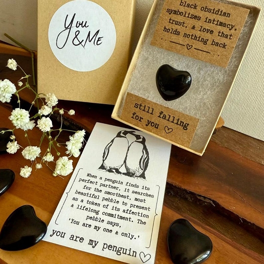 Black Obsidian Penguin Pebble Romantic Valentine’s Day Gift