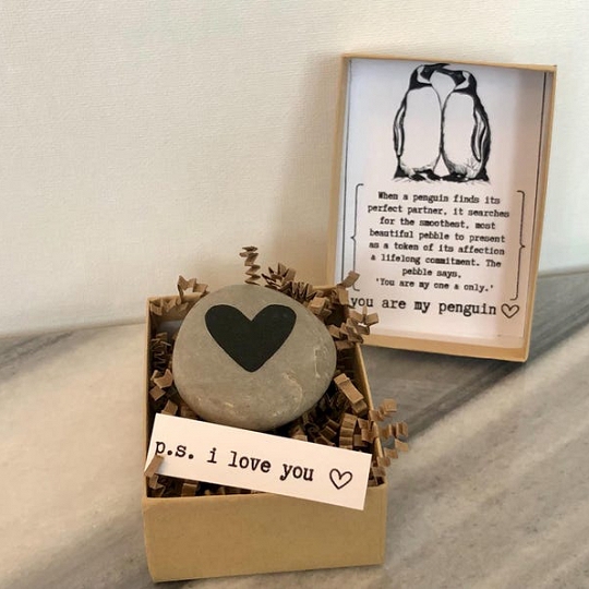Handcrafted Penguin Pebble Love Gift with Message Valentine Present