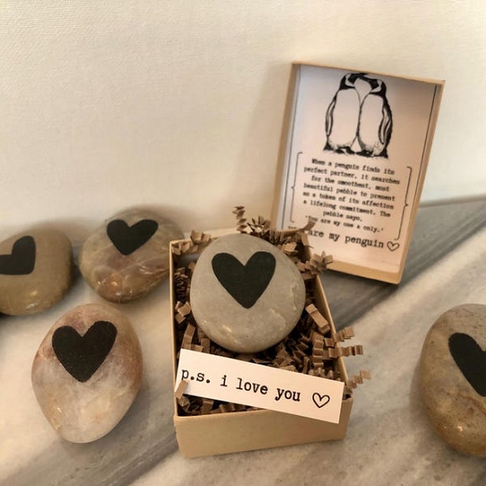 Handcrafted Penguin Pebble Love Gift with Message Valentine Present