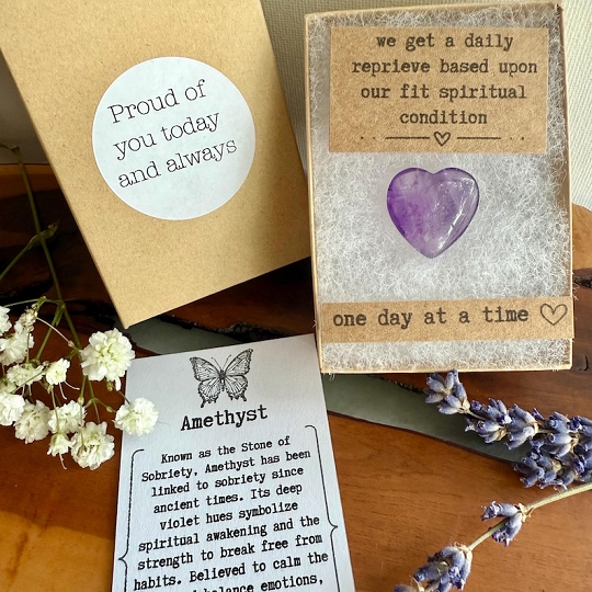 Personalized Love Heart Stone Valentine Present Amethyst Sobriety Gift Box