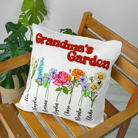Personalisiertes Muttertagsgeschenk Nadelkissen Nana’s Garten – Kissen mit Gartennamen und Geburtsblume