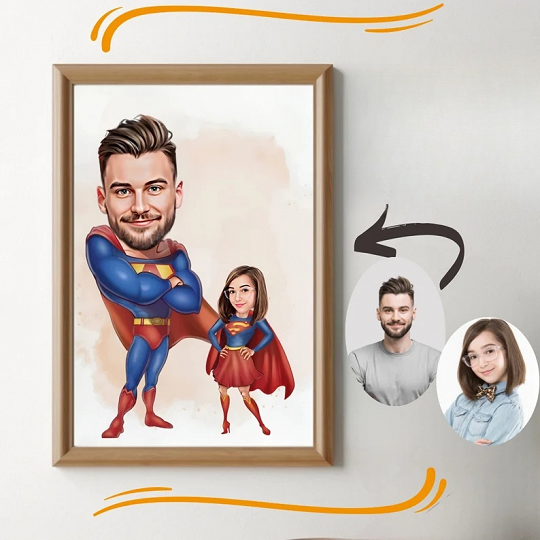 Custom Super Dad and Daughter Cartoon Portrait, Super Dad Portrait, Dad's Gift, Super Dad Caricature, Superhero Caricature, Superhero Gift