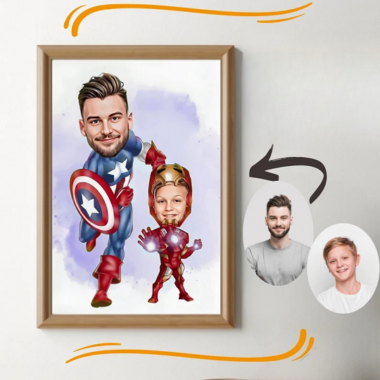 Custom Super Dad and Son Cartoon Portrait, Super Dad Portrait, Dad's Gift, Super Dad Caricature, Superhero Caricature, Caricature from Photo