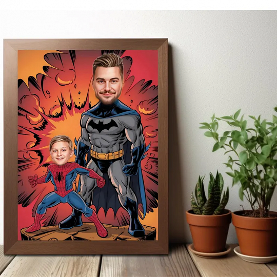 Custom Super Dad and Son Cartoon Portrait, Super Dad Portrait, Dad's Gift, Super Dad Caricature, Superhero Caricature, Caricature from Photo