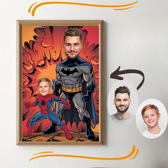 Custom Super Dad and Son Cartoon Portrait, Super Dad Portrait, Dad's Gift, Super Dad Caricature, Superhero Caricature, Caricature from Photo
