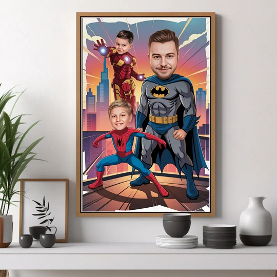 Custom Super Dad and two Sons Cartoon Portrait, turn picture into cartoon, cartoon a picture, turn photo into cartoon, cartoonize my photo