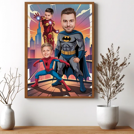 Custom Super Dad and two Sons Cartoon Portrait, turn picture into cartoon, cartoon a picture, turn photo into cartoon, cartoonize my photo
