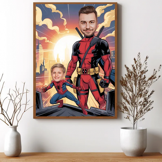 Custom Super Dad and Son Cartoon Portrait, Super Dad Portrait, Dad's Gift, Super Dad Caricature, Superhero Caricature, Caricature from Photo