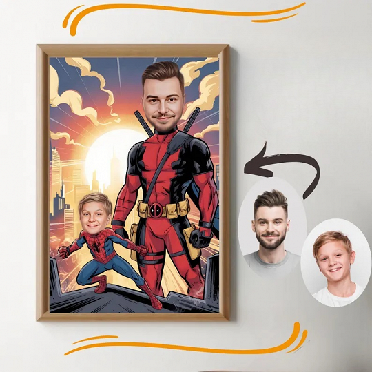 Custom Super Dad and Son Cartoon Portrait, Super Dad Portrait, Dad's Gift, Super Dad Caricature, Superhero Caricature, Caricature from Photo