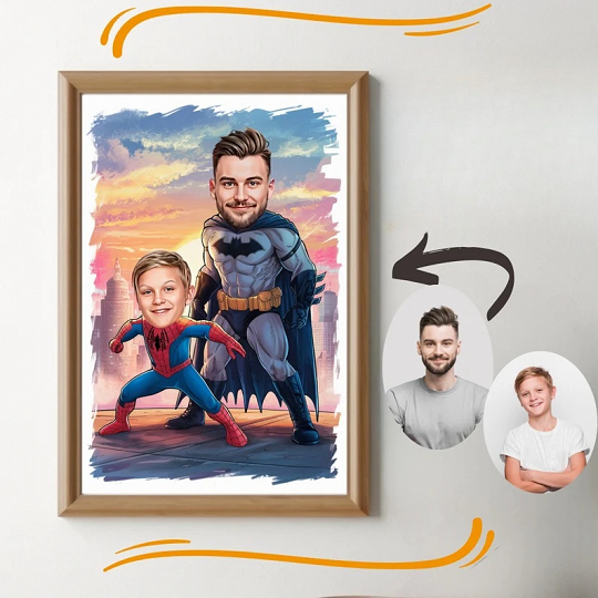 Custom Super Dad and Son Cartoon Portrait, turn picture into cartoon, cartoon a picture, turn photo into cartoon, cartoonize my photo