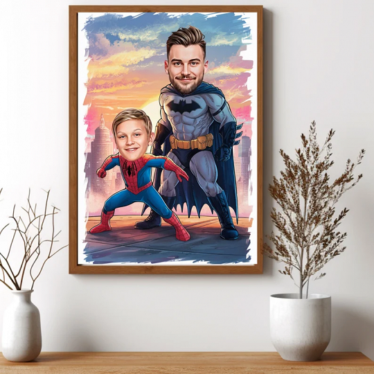 Custom Super Dad and Son Cartoon Portrait, turn picture into cartoon, cartoon a picture, turn photo into cartoon, cartoonize my photo