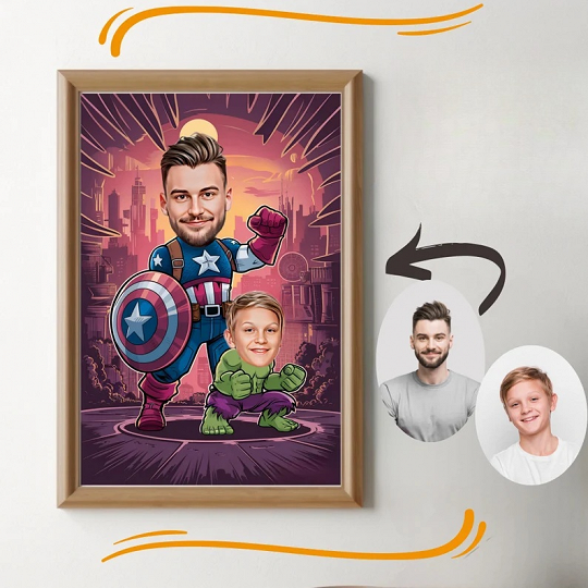 Custom Super Dad and Son Cartoon Portrait, Super Dad Portrait, Dad's Gift, Super Dad Caricature, Superhero Caricature, Caricature from Photo