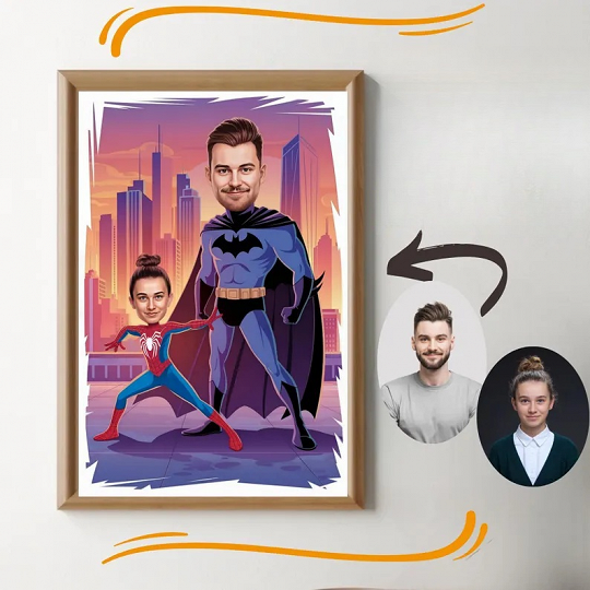 Custom Super Dad and Daughter Cartoon , Super Dad Portrait, Dad's Gift, Super Dad Caricature, Superhero Caricature, Caricature from Photo