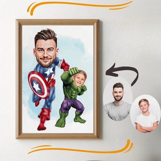 Custom Super Dad and Son Cartoon Portrait, Super Dad Portrait, Dad's Gift, Super Dad Caricature, Superhero Caricature, Caricature from Photo