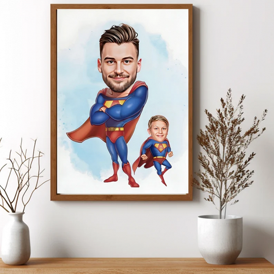 Custom Super Dad and Son Cartoon Portrait, Super Dad Portrait, Dad's Gift, Super Dad Caricature, Superhero Caricature, Caricature from Photo