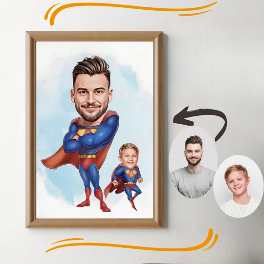 Custom Super Dad and Son Cartoon Portrait, Super Dad Portrait, Dad's Gift, Super Dad Caricature, Superhero Caricature, Caricature from Photo