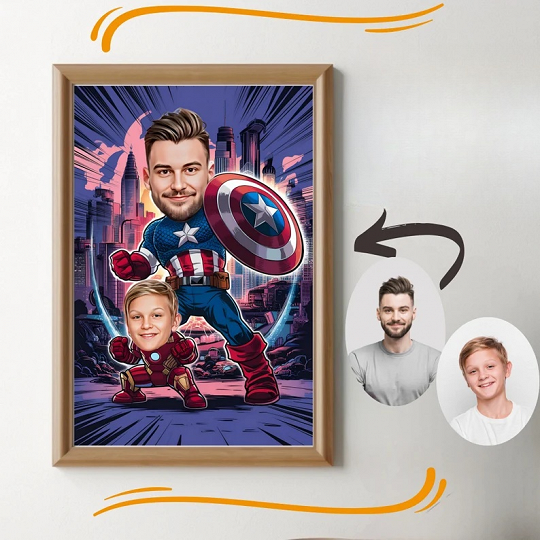 Custom Super Dad and Son Cartoon Portrait, Super Dad Portrait, Dad's Gift, Super Dad Caricature, Superhero Caricature, Caricature from Photo