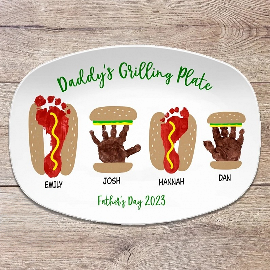Burger Hot Dog Handprint Footprint Custom Plate, Personalized Gift for Father's Day, Gift for Dad from Kids