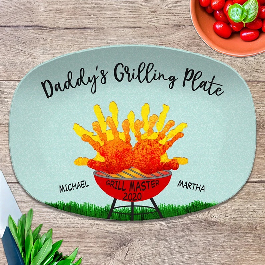 Handprint Custom Grilling Plate, Personalized Platter for Father's Day, Gift for Dad from Kids, Handprint Plate for Daddy or Grandpa