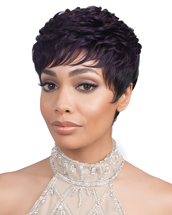 Textured Pixie Cut Wig for Black Women – Short Curly Purple Black Synthetic Wig with Layers and Bangs