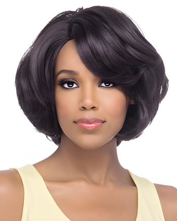 Short Layered Bob Wig with Side Bangs – Natural Black Volume Style