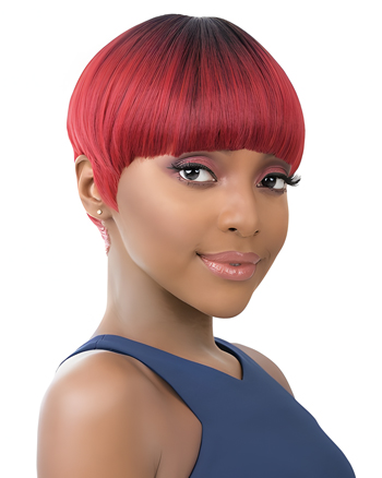 Sleek Red Bowl Cut Wig – Short Straight Synthetic Hair with Full Bangs for Women